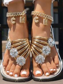 Women's Gold Metal-Look Sandals, Adorned With Crystal Floral Decor, Lightweight & Comfortable Summer Beach Slide Slippers, Slip-On Flat Shoes For Casual & Holiday Wear - Vàng - Xem 3