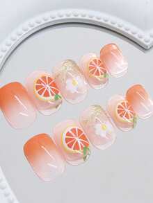 24 件短方形美甲 - 简约法式俏皮橙色蝴蝶结光泽假指甲，活泼可爱，带有精细的闪光，全覆盖且易于粘贴的设计，适合日常使用，耐用且时尚的美甲配件，高品质按压式指甲，表面光滑，时尚爱好者的必备品