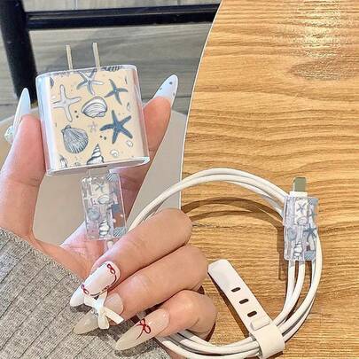 1組海星珊瑚海馬藍色海洋元素，相容於Apple充電器保護殼，相容於Apple 18-20W