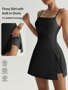 FWH Vintage Fashion, Minimalist Elegant, Waist Cinched Design, High Slit Cut, Anti-Flashing Lining, Slim Fit, Yoga/Everyday Versatile, Women's Spaghetti Strap Sports Dress, Fashionable And Avant-Garde Sports Dress