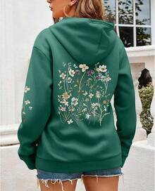 Women's Floral Printed Hoodies Vintage Aesthetic Flower Graphic Sweatshirt Cute Boho Fleece Thermal Hoodie Pullover - màu xanh lá - Xem 3