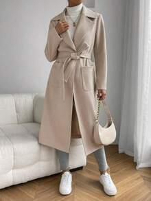 秋季女士翻领双口袋腰带长款女式外套 - 杏色 - 查看 6