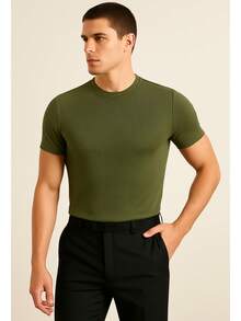 Men's Casual T-Shirt Slim Fit Basic Social Fashion - xanh quân đội - Xem 3