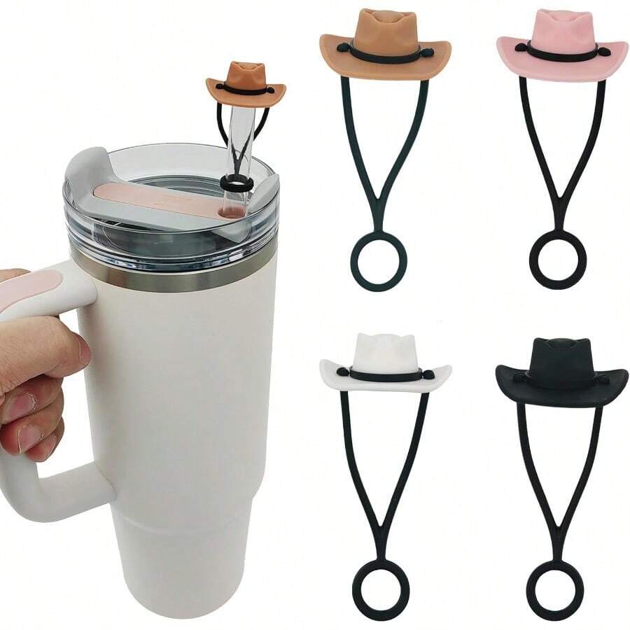 QY4 Pack Silicone Cowboy Hat Straw Covers Cap Compatible With Stanley Cup 30 40 Oz Cute Funny Tumbler Straw Topper Accessories For Man Woman Christmas Gift2216 - 牛仔帽 - 查看 1