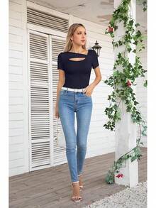 Womens Fashion Fall Cutout Long Sleeve Ribbed Slim Fitted Tops Shirts Tee Tshirts - 短版海軍藍 - 查看 5