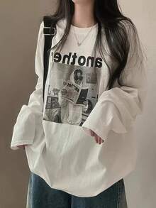 [Ladies' New Fall/Winter Collection] Daily Casual Loose Round Neck Cotton Character Print Long Sleeve T-Shirt - 白色 - 查看 1