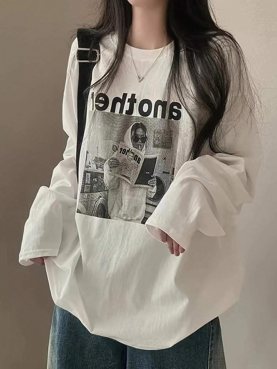 [Ladies' New Fall/Winter Collection] Daily Casual Loose Round Neck Cotton Character Print Long Sleeve T-Shirt - 白色 - 查看 1