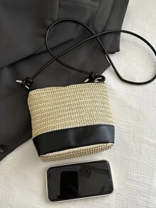 全新夏季时尚编织手提包，女士草编单肩包休闲水桶包 - 黑色 - 查看 4