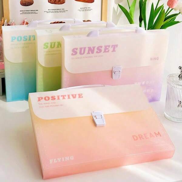1pc 12-Grid Ombre Color Handle A4 Accordion File Bag, High-Quality School Student Document Organizer Folder