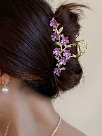 1pc Elegant Pearl Rhinestone Colorful Flower Hair Clip For Women,Large Hair Claw Claw Jaw Clip For Hairstyle