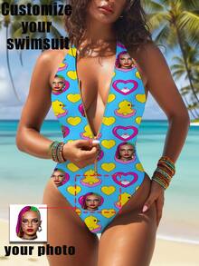 1pc Customized Women's Swimsuit, Face Customized, Personalized, Women's Zipper Strap Backless Swimsuit, Women's High Waist Sleeveless Swimming Swimsuit, Sexy, Girly, Suitable For Pool, Beach, Holiday, Girls Swimwear - Blue - View 2