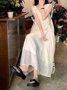 Francés suave perezoso estilo de vacaciones sueltas señoras halter vestido de las mujeres de diseño de verano sentido de la falda de longitud media - Blanco - Ver 4