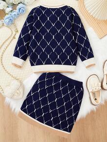 Girls Sweater Set, Elegant British Style Jacquard Knit Crew Neck Long Sleeve Cardigan Jacket & Skirt 2pcs Outfit, Spring Autumn Winter