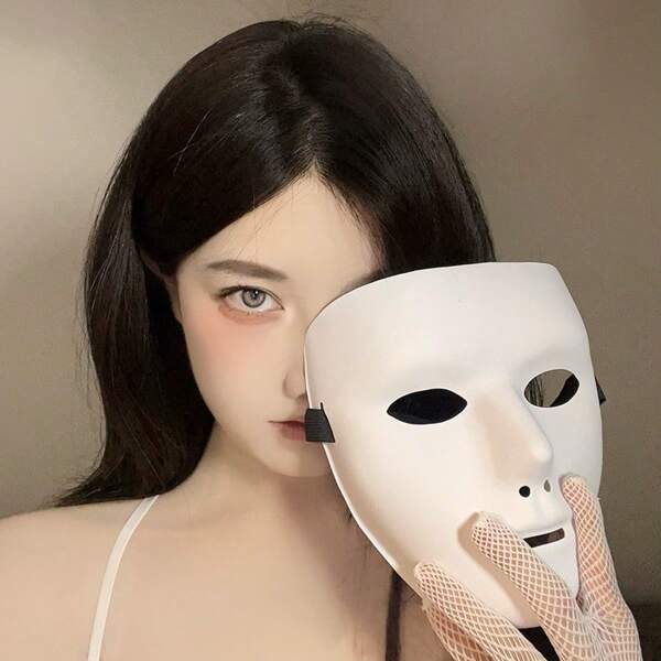 1/2pcs Matte White Street Dance Face Mask, Jabbawokeez Style Masquerade Costume For Halloween, Dance Performance (Mask Strap Color Random)