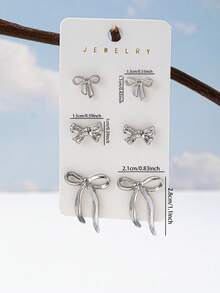 3 Pairs Silver Bow Stud Earrings Set, Bow Earrings Set, Fashion Jewelry Bow Accessories For Women - Silver - View 2