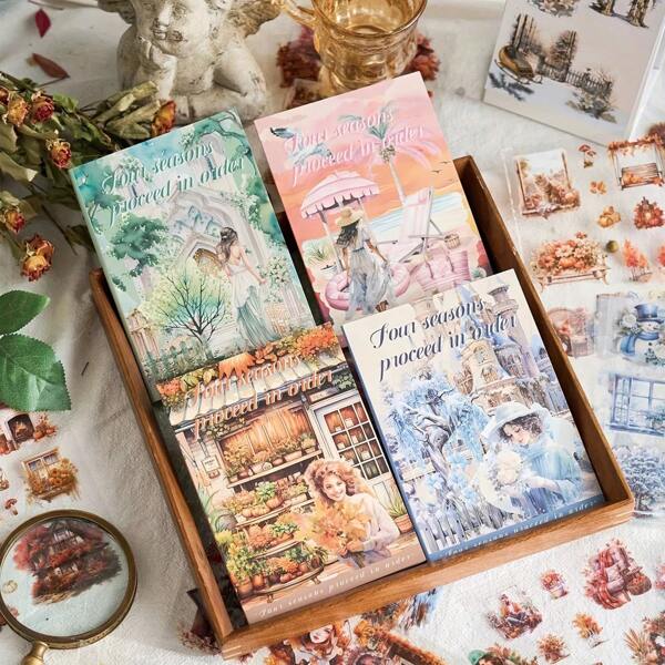 1 Libro de pegatinas PET - Tema de viaje fantástico Pegatinas decorativas estacionales con decoraciones brillantes, 20 hojas/libro, colores mixtos brillantes, adecuado para hacer scrapbooks, diarios y material decorativo de planificación