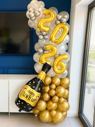 56 个/套新年派对装饰气球，2026 年新年庆典，巨型黑色和金色“HAPPY NEW YEAR”字母香槟瓶气球，16 英寸金色“2026”数字铝箔气球，10 英寸金属金色和珍珠白色乳胶气球，5 英寸金属金色、珍珠白色和银色乳胶气球，适用于啤酒派对、单身派对、Yaya 派对装饰