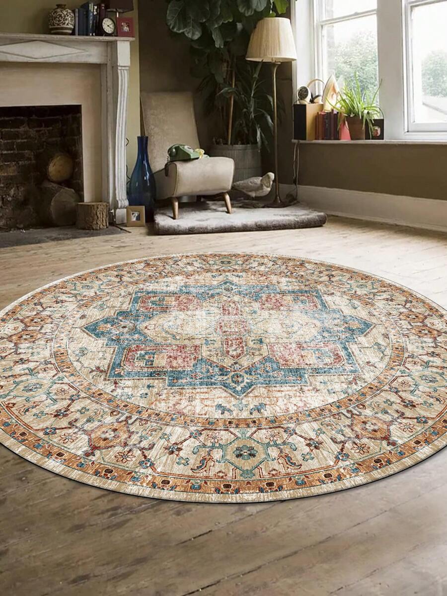 1pc Round Style Rug Carpet, Bohemian Vintage Soft Comfortable Home Decor Round Floor Mat For Living Room, Bedroom, Study - Multicolor - View 1