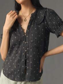 Women Y2k Puff Sleeve Peter Pan Collar Shirt Tops Button Down Boho Floral Print Ruffle Blouse Summer Cotton Babydoll Top - 深灰色 - 查看 1