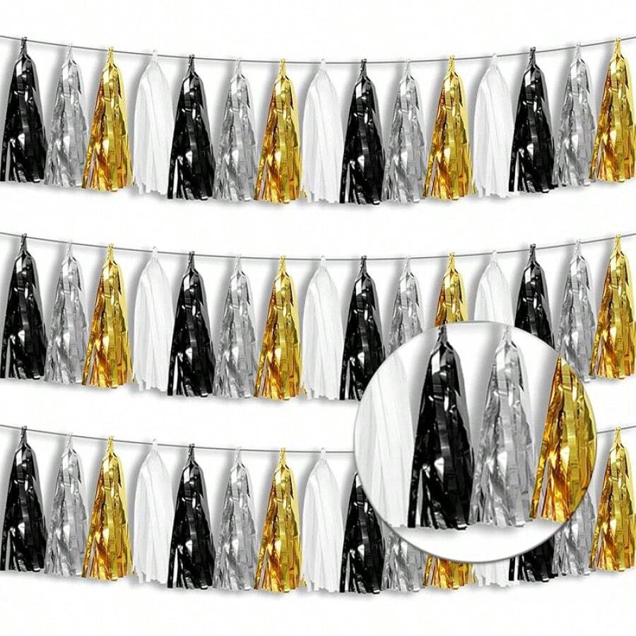 3P Metallic Fringe Tassel Banner Garland Foil Tinsel Streamer Wall Hanging Curtain Backdrop Banner For Parade Floats, Graduation Decorations, Father's Day Party Decoration(Silver)Halloween Christmas New Year - Black Gold Silver - 查看 1
