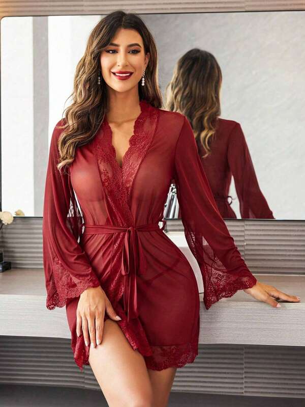 Women's Lace Kimono Robe Sexy Babydoll Lingerie Mesh Nightgown Blouse Home Sexy Lingerie