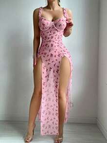 SOFUSEN 2pcs Floral Polka Dot Mesh Ruffle Trim Split Thigh Cami Nightdress Set With Underwire Bra & Thong,Valentine's Day,   Gifts - 粉紅紫色兩件套 - 查看 2