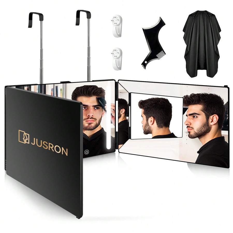 360 Viewing Angle Self Hair Cutting Mirror, Clear Anti-Fog HD Glass, USB Rechargeable, Easy To Use, Height Adjustable, Portable, Good Choice For Gifts - Black(With LED,With Accessories) - 查看 1