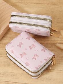Pink Bow Heart Pattern Multi-Function Coin Purse, Dual Zipper Card Holder, Multi-Card Slot Card Case, Can Store Credit Cards, Lightweight & Minimalist, Fashion & Modern, Business Versatile, Suitable For Anniversary, Christmas, Valentine's Day, Birthday And Other Occasions, Also Can Be Gift For Lover, Female, Girl, Lady, Or As Backpack, Dorm And Back To School Supplies - Pink - View 2