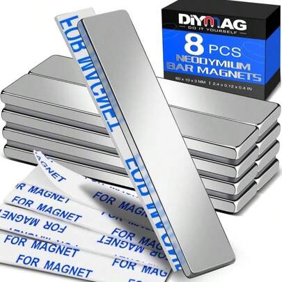 DIYMAG Strong Neodymium Bar Magnets, Rare Earth Magnets With Double-Sided Adhesive, Heavy Duty Magnet Perfect For Kitchen, DIY, Fridge, Garage, Science, Craft, Office-60x10x3mm, 4 Packs