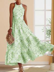 新款流行时尚休闲度假风轻盈优雅女士修身连衣裙，适合户外、居家、旅行、办公等多种场合，是春夏派对的理想之选。吊带圆领复古印花长裙，尽显优雅气质。 - 綠色 - 查看 3