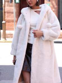 女士长款蓬松连帽加厚保暖蓬松外套 - 白色 - 查看 6