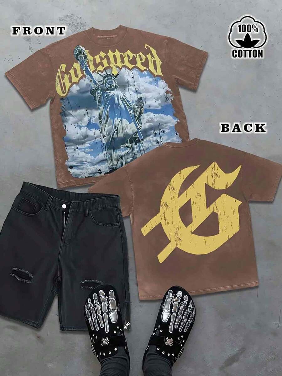 Double Sided Printing (230 Pure Cotton T-Shirt) Realistic Style Printing, Men's T-Shirt Men's Casual, Comfortable, Fashionable T-Shirt, Street Style Cotton - 棕色 - 查看 1