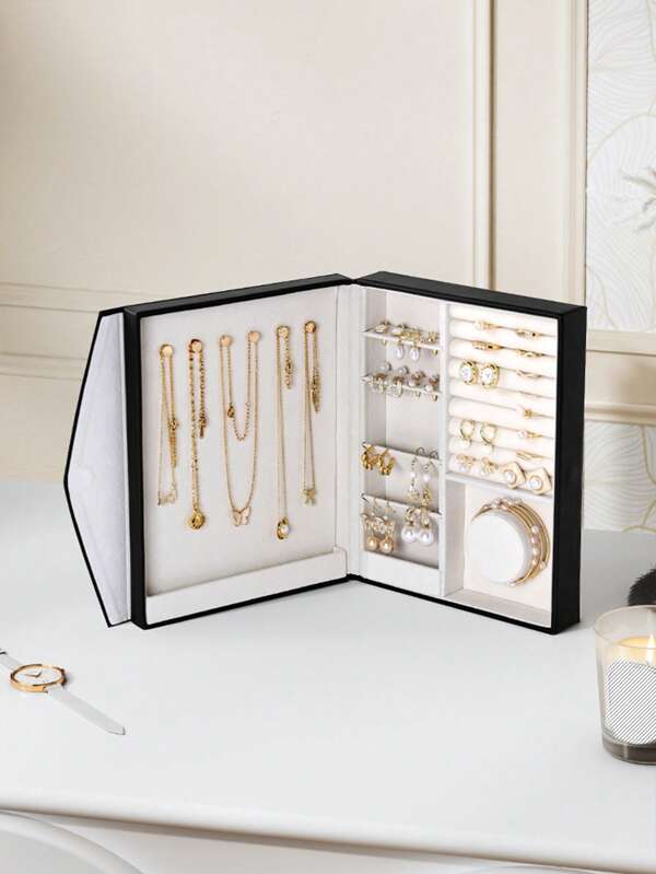 CASEGRACE 1pc Book-Shaped Jewelry Box With Makeup Mirror, PU Leather Jewelry Organizer Storage Case - Earring Ring Necklace Jewellery Storage For Wedding Birthday Gift For Women Storage Organizer Travel Essentials Back To School Dormitory Storage
