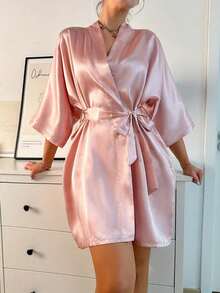 1 chiếc áo choàng ngủ nữ màu trơn thanh lịch kiểu ren, thích hợp mặc ngủ, bộ đồ ngủ ngắn tay gợi cảm bằng lụa satin mềm mại, thích hợp cho cô dâu và phù dâu, mùa thu/đông. - Hồng - Xem 11