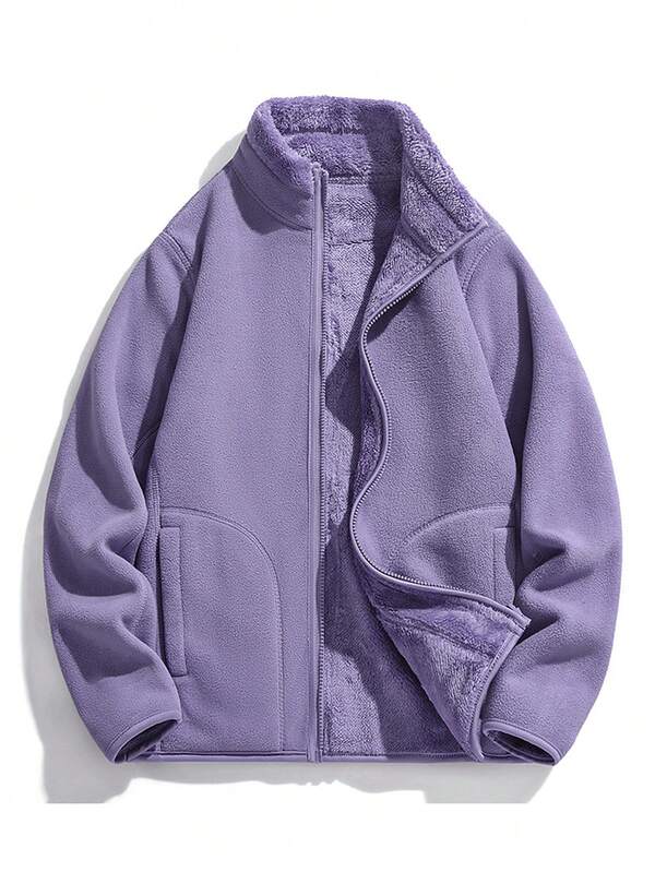 Jaqueta de Fleece Casual com Boneca de Tigre para Mulheres, Cor Sólida Minimalista, Casaco Versátil