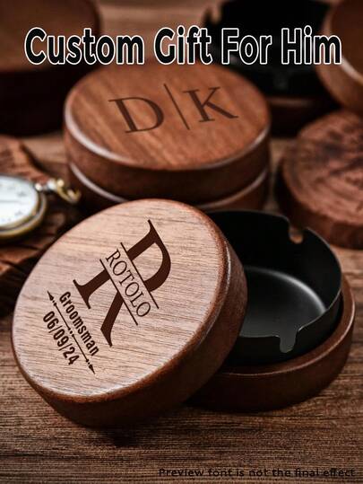 Customizable Laser Engraved Wooden Ashtray With Lid, Personalized Walnut Desktop Tray Gift For Men, Laser Engraved Ashtray, Custom Wooden Ashtray, Personalized Smoking Tray, Windproof Ashtray Lid, Gift For Men, Desktop Ashtray, Walnut Ashtray, Engraved Gift For Dad, Groomsman Gift, Custom Gift For Smoker, Office Decor Tray, Father's Day Gift, Rustic Ashtray, Vintage Wooden Tray Windproof Ashtray For Office Patio Home Decor,Chic Design