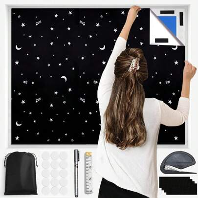 1 Set 100% Durable Portable Blackout Curtains No Drilling Travel Sun Light Blocker Window Cover Reusable Black Curtains Shades With Adhesive Tapes For Home Office Travel Dorm Room