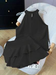 2 件套女士夏季露背无袖背心和荷叶边下摆 A 字迷你裙套装，优雅