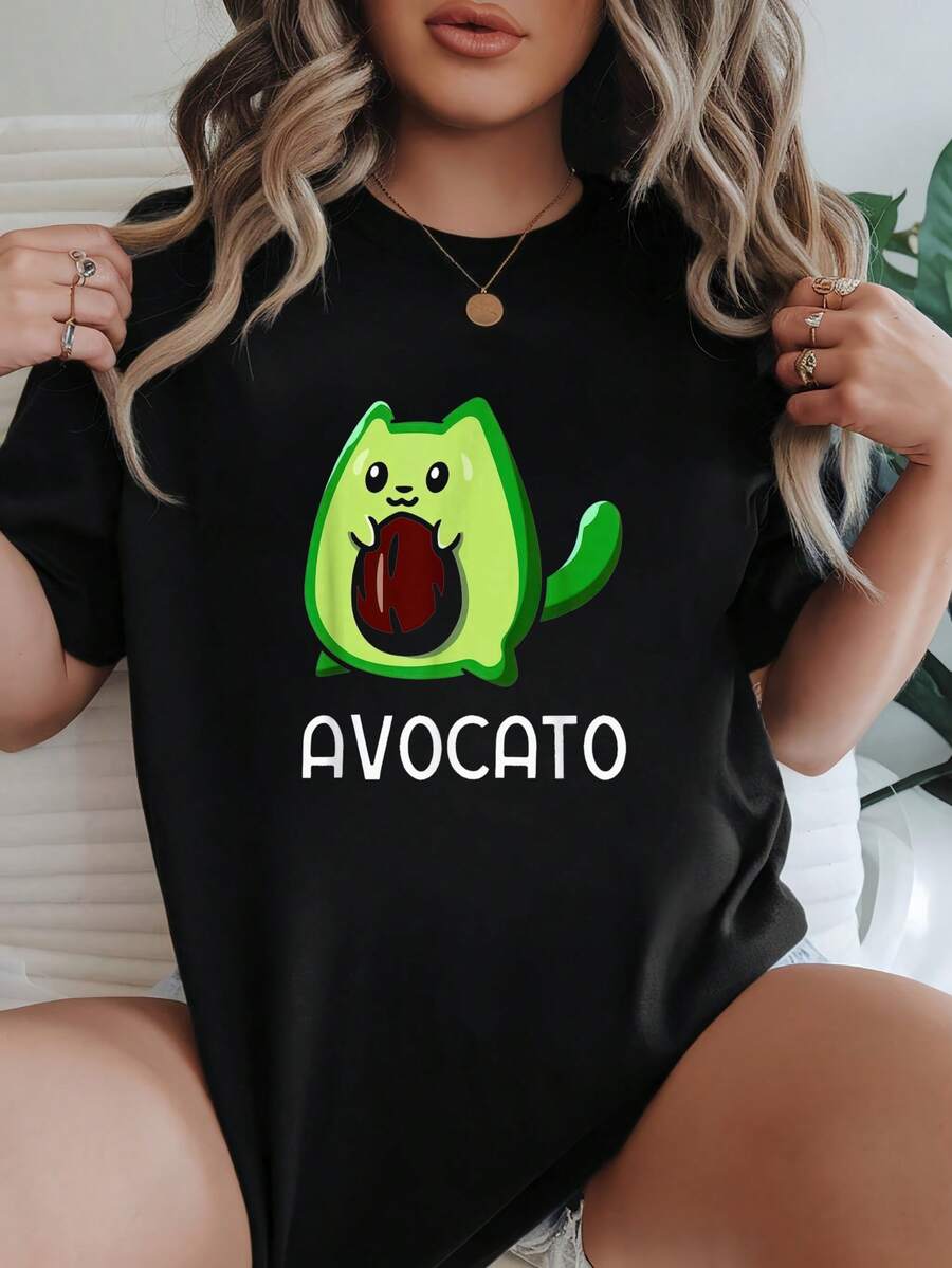 Women's T-Shirt Casual Black Avocato Cat Print Funny Graphic Tee Summer Daily Wear Shirts Summer Tops Graphic Tees Summer Outfits For Women Graphic Tees Women Crop Tops Tops For Women - màu đen - Xem 1