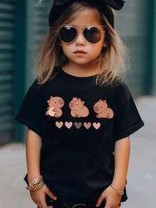 Simple Colorful Children's Casual Short Sleeve T-Shirt Ideal For Girls Cotton Custom Capybara Print - 黑色 - 查看 3