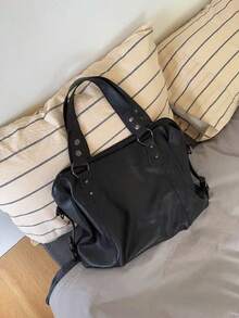 (8972)Rivet Detail Shoulder Bag, Vintage PU Crossbody Bag, Large Capacity Handbag - 黑色 - 查看 3