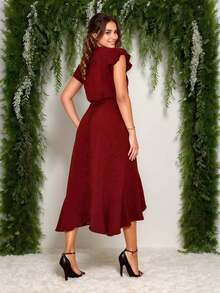 Women's Midi Dress With V-Neck Tied At The Waist - Burgundy - View 2