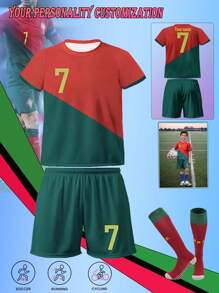 Customized Name/Number/Team Uniform, Portugal National Team, Boys' Sportswear Set, Crew Neck Top And Shorts