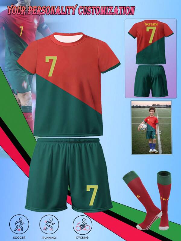 [Custom-Made] Personalized Portugal National Team #7 Youth Football Jersey Set - Polyester, Round Neck Top And Shorts, Suitable For Boys Sports Training And Casual Wear, Perfect Outdoor Choice