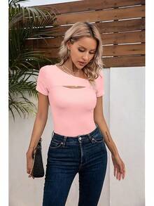 Womens Fashion Fall Cutout Long Sleeve Ribbed Slim Fitted Tops Shirts Tee Tshirts - 短光粉紅 - 查看 8