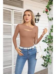 Womens Fashion Fall Cutout Long Sleeve Ribbed Slim Fitted Tops Shirts Tee Tshirts - 長卡其色 - 查看 3