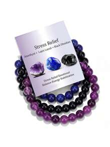 3 Pcs Natural Stone Bracelet Set For Women Self Healing Emotional Stretch 8mm Beaded Extendable Stackable Bracelet Set, Birthday Gift, Fashion Jewelry Gift With Blessing Card - 3 - View 7