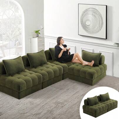 SUN YEE 2-Seater Modular Sofa With Backrests, Boucle Modular Sofa Set For Sectional Sofa, Armless Lounge Chair Easy Assembly For Bedroom Living Room, Green