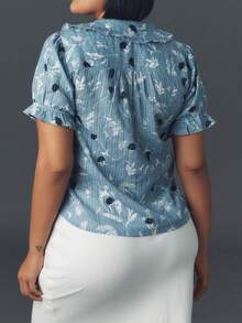 Women Y2k Puff Sleeve Peter Pan Collar Shirt Tops Button Down Boho Floral Print Ruffle Blouse Summer Cotton Babydoll Top - 藍色 - 查看 7