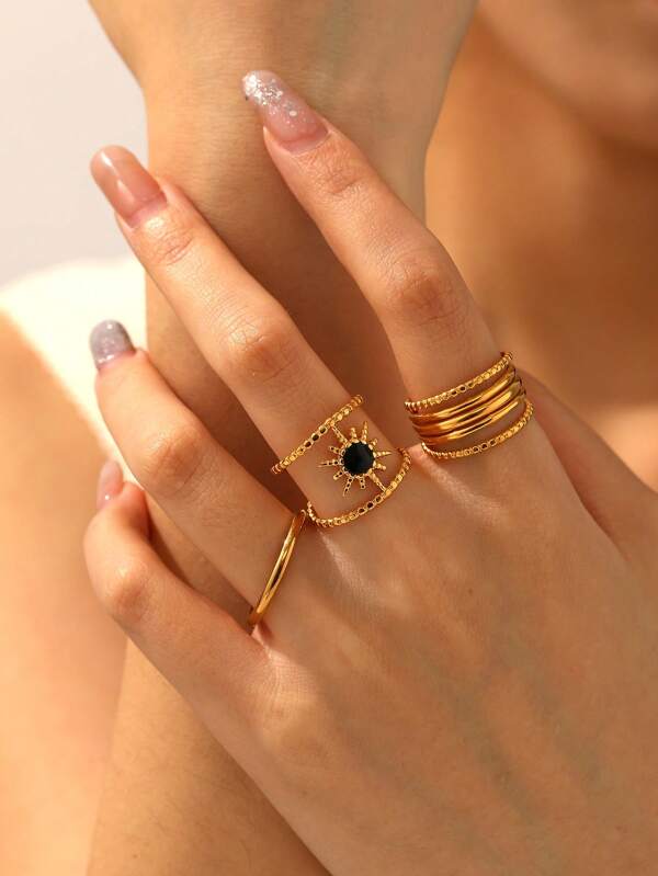 3Pcs Set Minimalist Line Oil Drop 18K Gold Plated Stainless Steel Open Rings, Suitable For Women Daily Wear